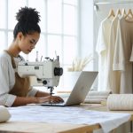Sustainable fashion designer at a worktable beside an industrial serger and rolls of organic cotton and deadstock fabric, using a laptop in a sunlit studio with pattern pieces and plants; subtle digital network glow suggests AI-powered loan matching, no visible text.