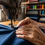 Close-up of an older woman’s hands guiding indigo-dyed cotton under a vintage sewing machine needle, lit by soft window light, with blurred shelves of folded fabric, spools, and scissors in the background.