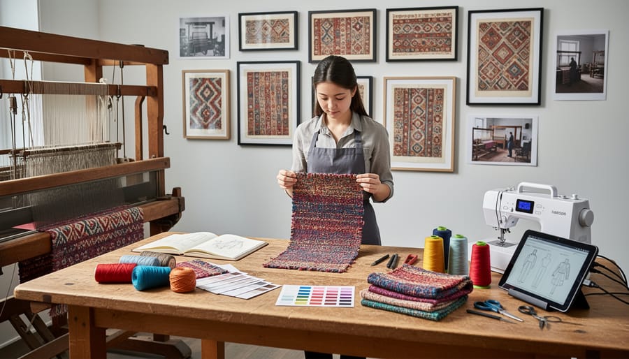 Textile artist working at organized workspace blending vintage and contemporary fabrics