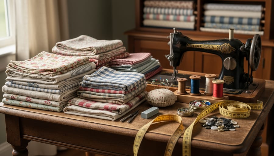 Vintage wooden sewing box filled with fabric scraps, notions, and thread spools