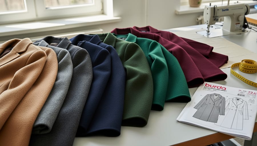 Assorted wool fabrics laid out on a cutting table with measuring tools