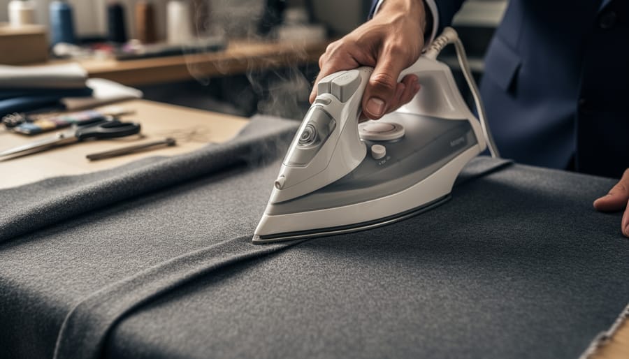 Close-up of hands pressing a wool seam with steam iron and clapper while tailoring