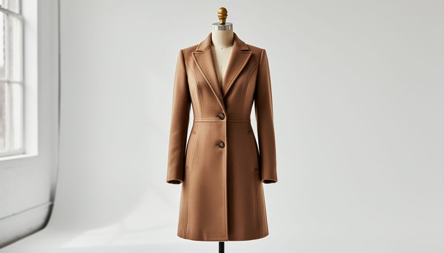 Handmade wool coat on a dress form showing collar, buttons, and tailored shape