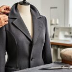 Charcoal wool coat on a dress form showing tailored seam and collar construction, with sewing tools like shears and tailor’s chalk on a worktable in a softly lit studio.