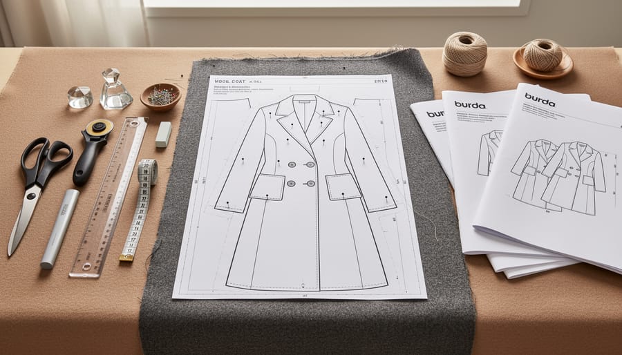 Sewing workstation with pinned pattern pieces and tools for cutting a wool coat