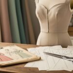 Vintage Butterick 6796 pattern envelope and sewing tools arranged next to a partially constructed vintage dress bodice on a dress form.