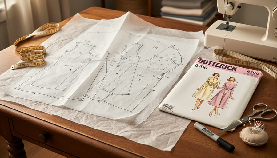 Vintage Butterick 6796 pattern envelope and tissue pieces laid out on a wooden sewing table