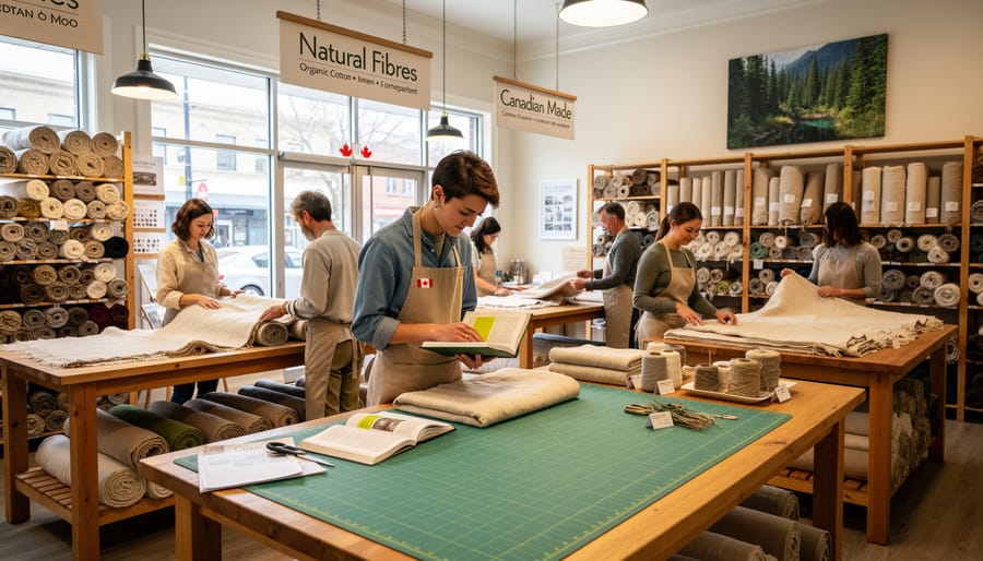 Hand examining a fabric bolt in a cozy Canadian fabric shop with sewing supplies in the background