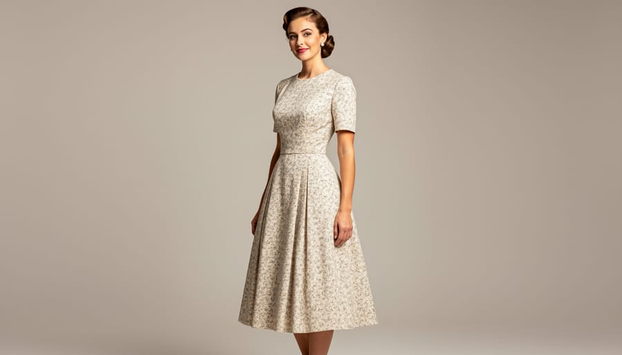 Finished vintage-style dress hanging on a wooden hanger in warm golden light