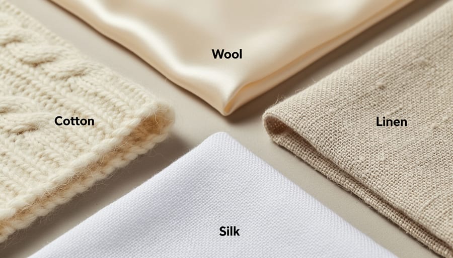 Macro view of cotton, linen, wool, and hemp fabric textures laid on a neutral surface