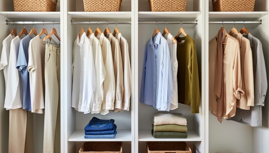 Folded linen shirt, cotton T-shirt, and wool scarf on a wooden table in a bright sewing workspace