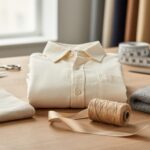 Close-up of cotton, linen, wool, hemp, and silk fabric swatches arranged on a wooden worktable under soft natural daylight.