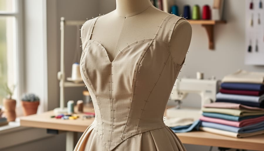 Partially sewn vintage bodice with darts pinned on a dress form