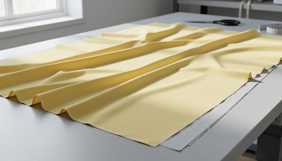Butter yellow fabric spread on a cutting table with visible texture and drape.