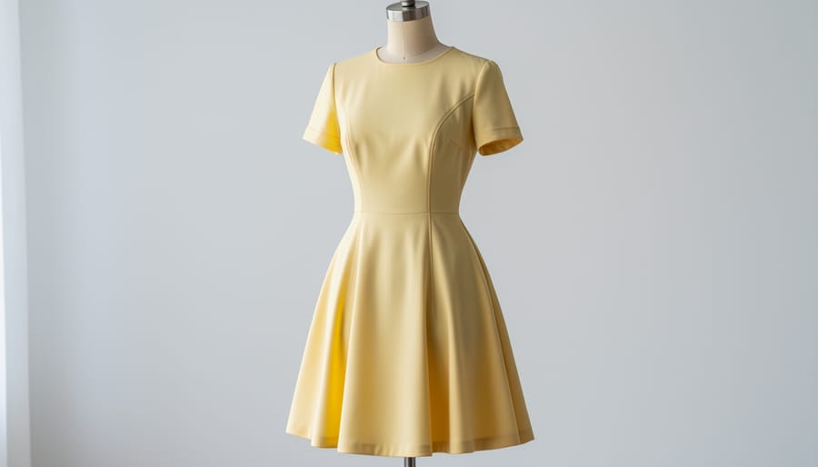 Vintage butter yellow dress displayed on a mannequin in a sewing studio.