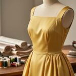 Butter yellow vintage dress with princess-seam bodice on a dress form, with sewing supplies and fabric bolts in a softly blurred workspace background.