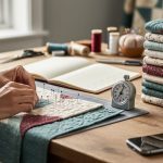 "Hands pinning fabric on a cutting table with an open notebook and small timer nearby, suggesting mindful budgeting for sewing and recreation."
