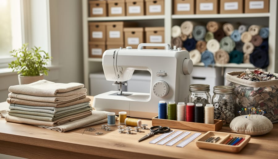 A sewing workspace with fabric bolts, thread spools, and a garment pattern spread out for mindful project planning.