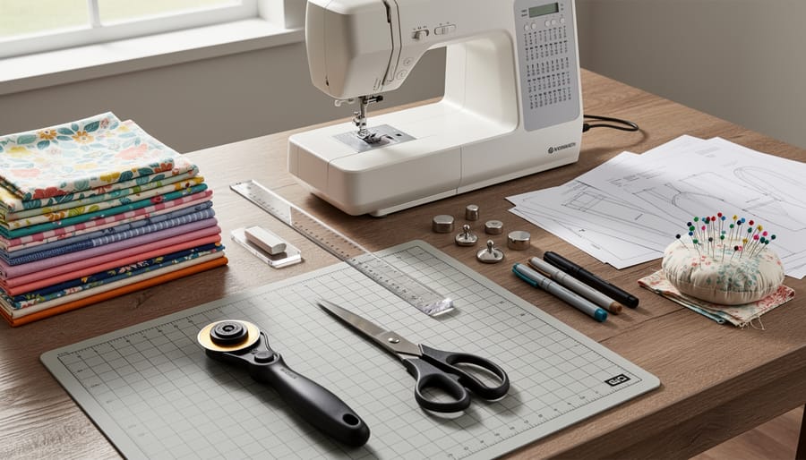 Sewing workspace with pinned butter yellow fabric and a vintage pattern envelope.