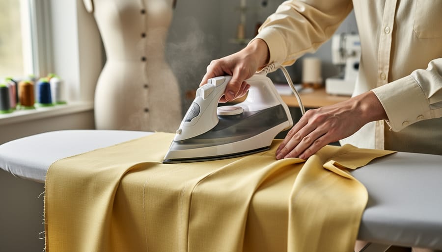 Hands using a steam iron and pressing cloth on butter yellow fabric seams.