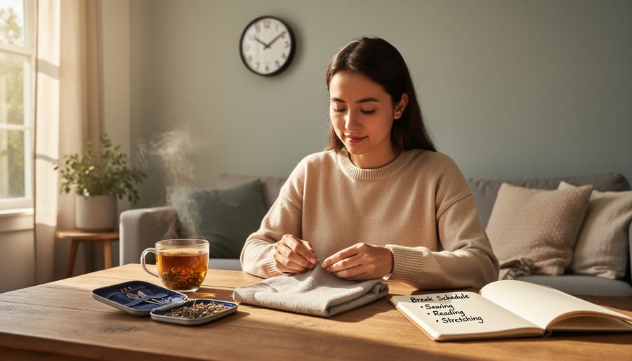 A cutting table set for a mindful sewing ritual with tools, a blank notebook, and a tea mug in warm light.