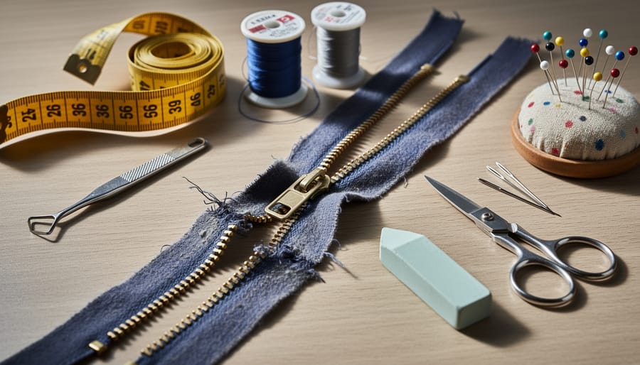 Sewing workbench showing a broken zipper pull and seam ripper next to pinned fabric