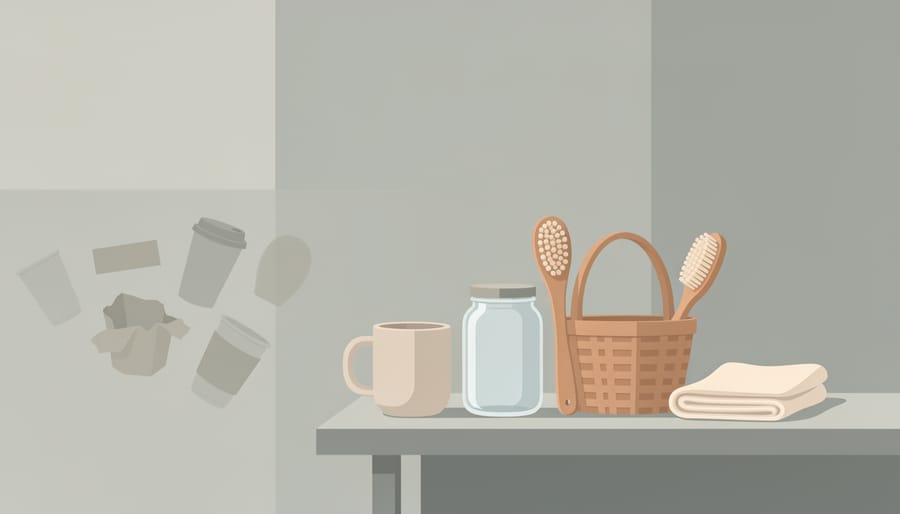 Handmade garments hanging in a small wardrobe with a fabric basket and mending kit on a wooden table