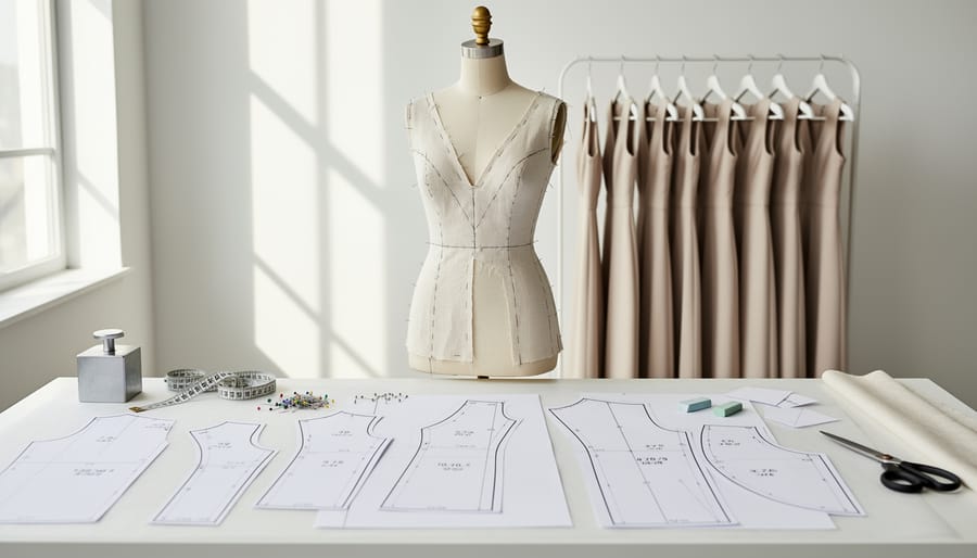 Measuring tape and sewing pattern pieces on a dress form with pinned muslin for fit adjustment