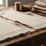 Close-up of a worn linen garment on a wooden sewing table showing pilling, frayed threads, and a split seam.