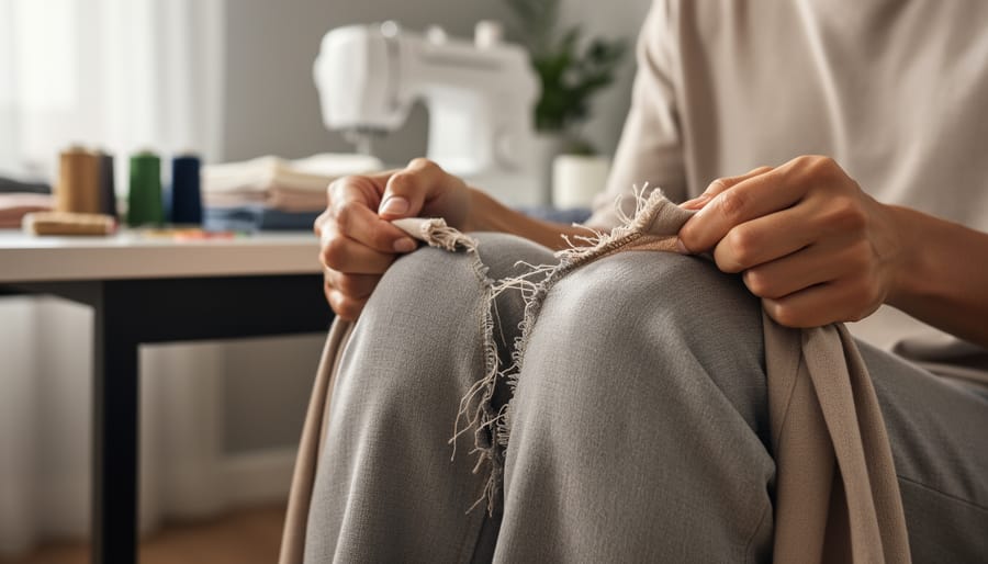 Close-up of a fast-fashion shirt seam with loose threads and fraying fabric held in a person’s hands